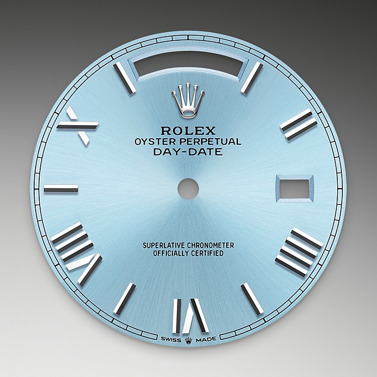 Rolex Day-Date | 228236 | Day-Date 40 | Coloured dial | Fluted bezel | Ice-Blue Dial | Platinum | M228236-0012 | Men Watch | Rolex Official Retailer - Srichai Watch