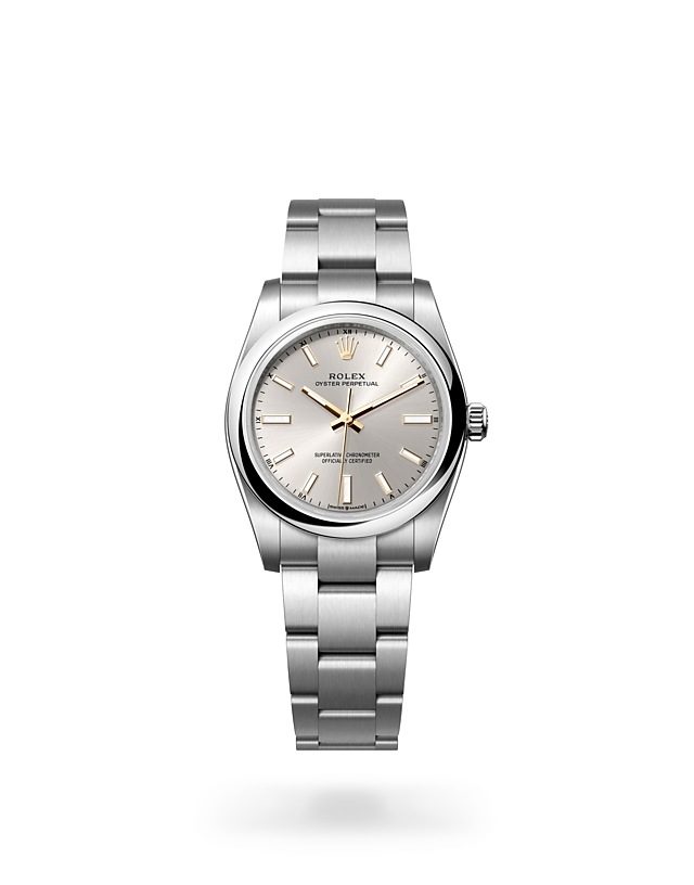 Rolex Oyster Perpetual | 124200 | Oyster Perpetual 34 | Light dial | Silver dial | Oystersteel | The Oyster bracelet | M124200-0001 | Women Watch | Rolex Official Retailer - Srichai Watch