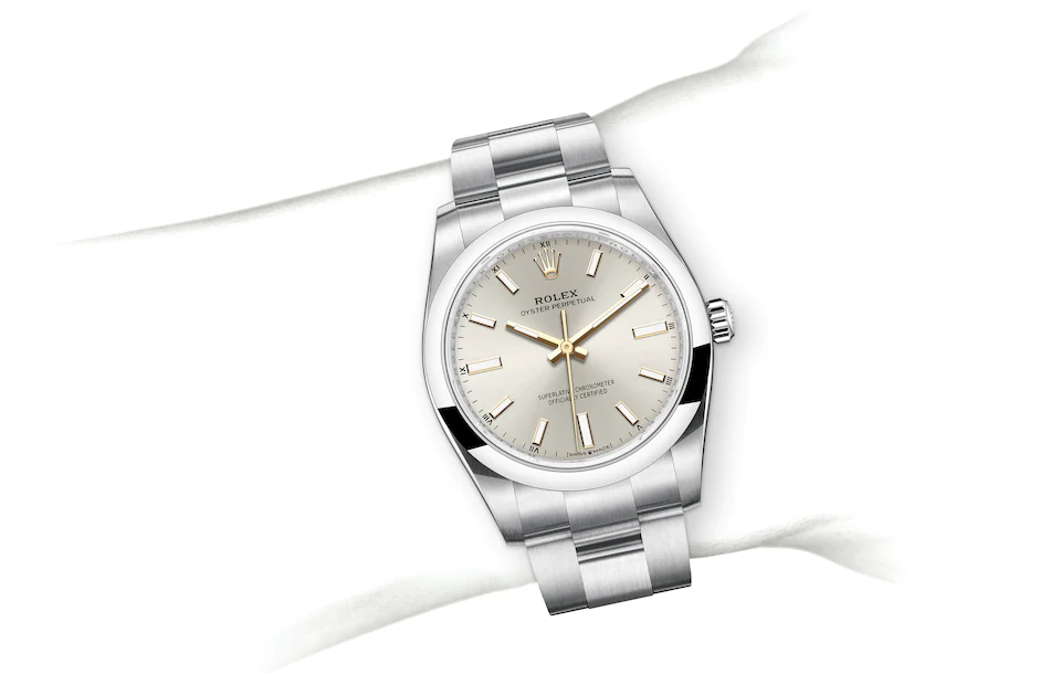 Rolex Oyster Perpetual | 124200 | Oyster Perpetual 34 | หน้าปัดสีอ่อน | หน้าปัดเงิน | Oystersteel | สายนาฬิกา Oyster | M124200-0001 | หญิง Watch | Rolex Official Retailer - Srichai Watch