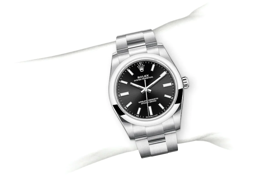 Rolex Oyster Perpetual | 124200 | Oyster Perpetual 34 | หน้าปัดสีเข้ม | หน้าปัดสีดำสว่าง | Oystersteel | สายนาฬิกา Oyster | M124200-0002 | หญิง Watch | Rolex Official Retailer - Srichai Watch
