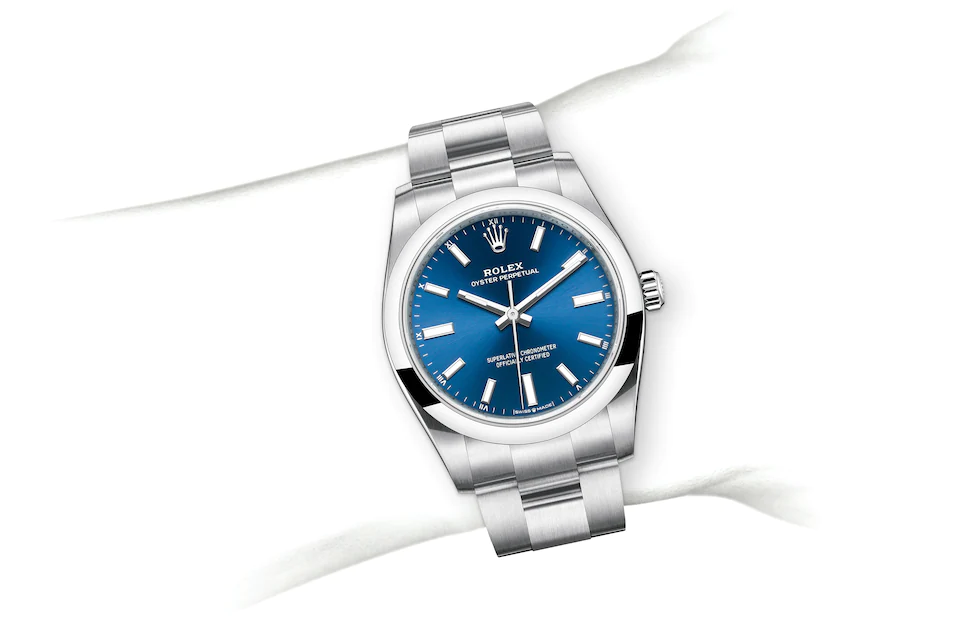 Rolex Oyster Perpetual | 124200 | Oyster Perpetual 34 | Coloured dial | Bright blue dial | Oystersteel | The Oyster bracelet | M124200-0003 | Women Watch | Rolex Official Retailer - Srichai Watch