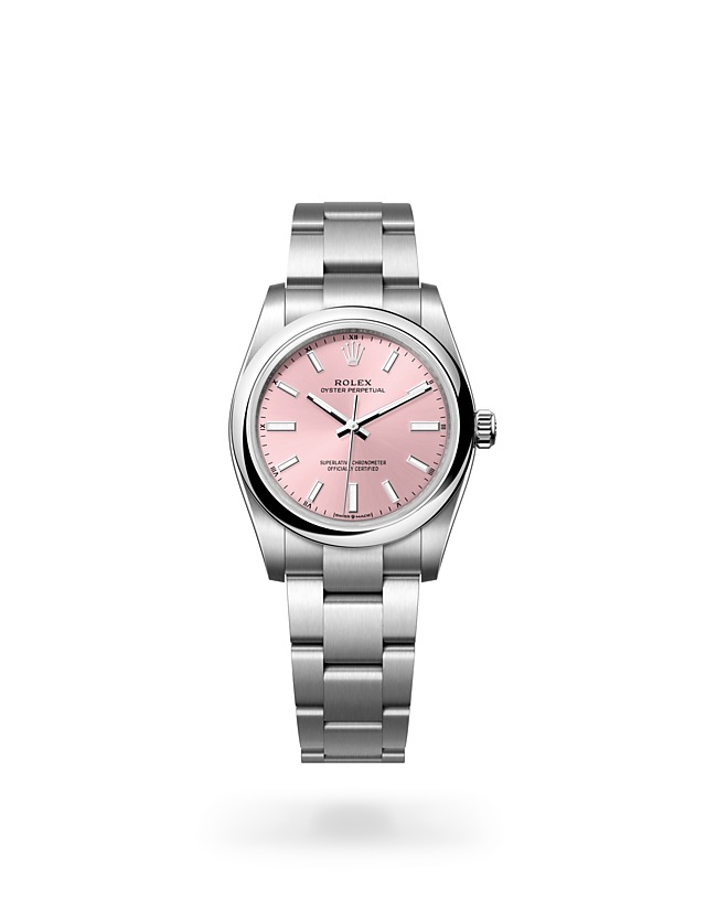 Rolex Oyster Perpetual | 124200 | Oyster Perpetual 34 | Coloured dial | Pink Dial | Oystersteel | The Oyster bracelet | M124200-0004 | Women Watch | Rolex Official Retailer - Srichai Watch