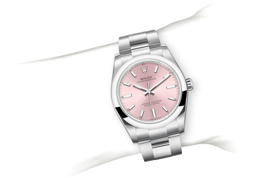 Rolex Oyster Perpetual | 124200 | Oyster Perpetual 34 | หน้าปัดสี | หน้าปัดสีชมพู | Oystersteel | สายนาฬิกา Oyster | M124200-0004 | หญิง Watch | Rolex Official Retailer - Srichai Watch