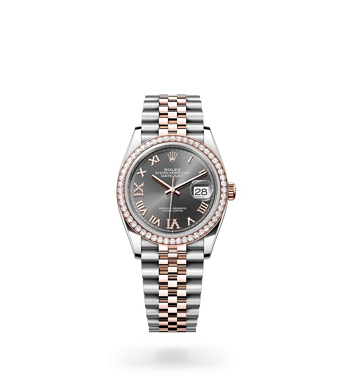 Rolex Datejust | 126281RBR | Datejust 36 | หน้าปัดสีเข้ม | หน้าปัดสีเทาอมน้ำเงิน | ขอบหน้าปัดประดับเพชร | Everose Rolesor | M126281RBR-0011 | ชาย Watch | Rolex Official Retailer - Srichai Watch