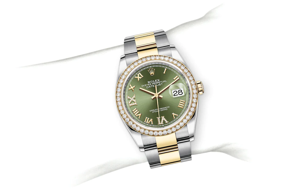 Rolex Datejust | 126283RBR | Datejust 36 | Coloured dial | Olive-Green Dial | Diamond-set bezel | Yellow Rolesor | M126283RBR-0012 | Men Watch | Rolex Official Retailer - Srichai Watch