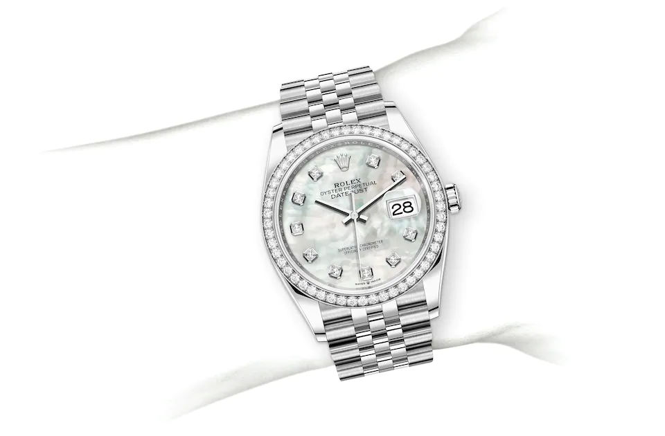 Rolex Datejust | 126284RBR | Datejust 36 | หน้าปัดประดับอัญมณี | หน้าปัดเปลือกหอยมุก | ขอบหน้าปัดประดับเพชร | White Rolesor | M126284RBR-0011 | หญิง Watch | Rolex Official Retailer - Srichai Watch
