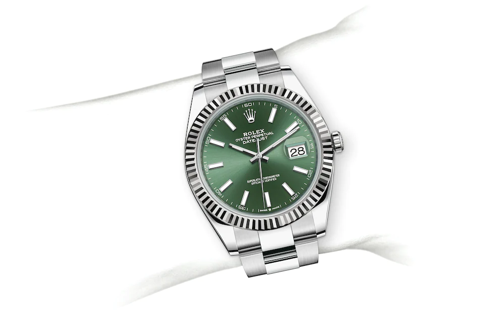 Rolex Datejust | 126334 | Datejust 41 | Coloured dial | Fluted bezel | Mint green dial | White Rolesor | M126334-0027 | Men Watch | Rolex Official Retailer - Srichai Watch