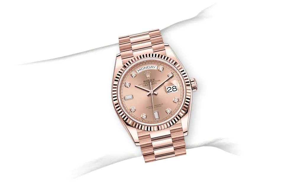 Rolex Day-Date | 128235 | Day-Date 36 | Coloured dial | Rosé-colour dial | Fluted bezel | 18 ct Everose gold | M128235-0009 | Men Watch | Rolex Official Retailer - Srichai Watch