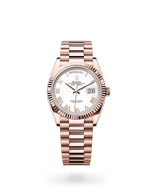 Rolex Day-Date | 128235 | Day-Date 36 | Light dial | Fluted bezel | White dial | 18 ct Everose gold | M128235-0052 | Men Watch | Rolex Official Retailer - Srichai Watch