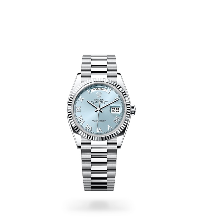 Rolex Day-Date | 128236 | Day-Date 36 | Coloured dial | Fluted bezel | Ice-Blue Dial | Platinum | M128236-0008 | Men Watch | Rolex Official Retailer - Srichai Watch