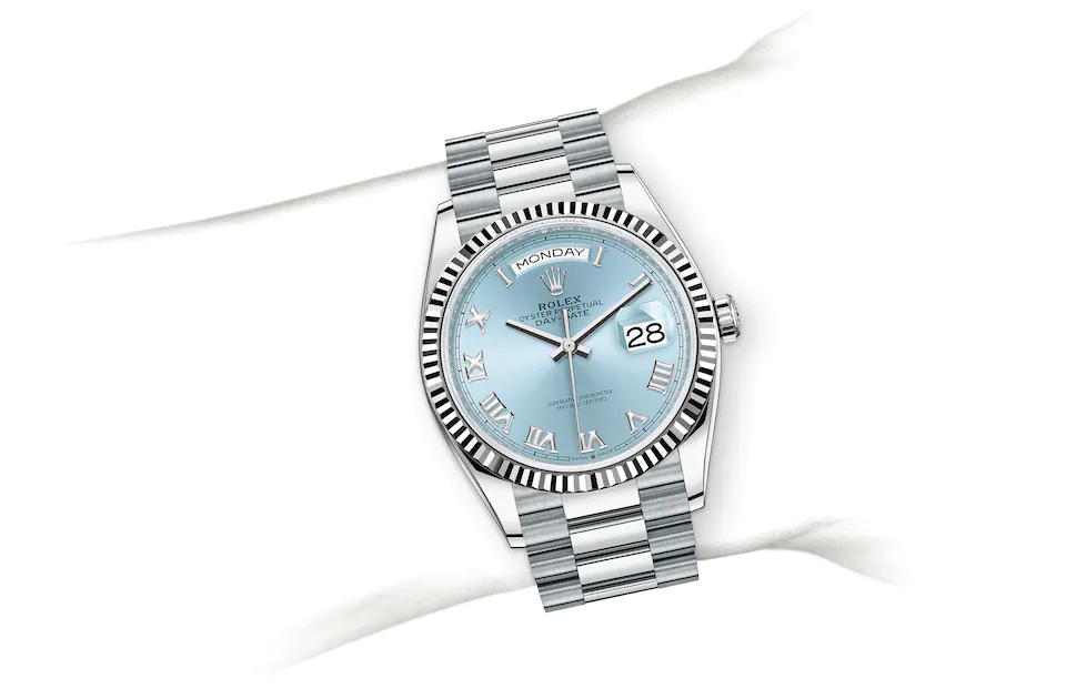 Rolex Day-Date | 128236 | Day-Date 36 | หน้าปัดสี | ขอบหน้าปัดแบบร่อง | หน้าปัดสีฟ้าไอซ์บลู | แพลทินัม | M128236-0008 | ชาย Watch | Rolex Official Retailer - Srichai Watch