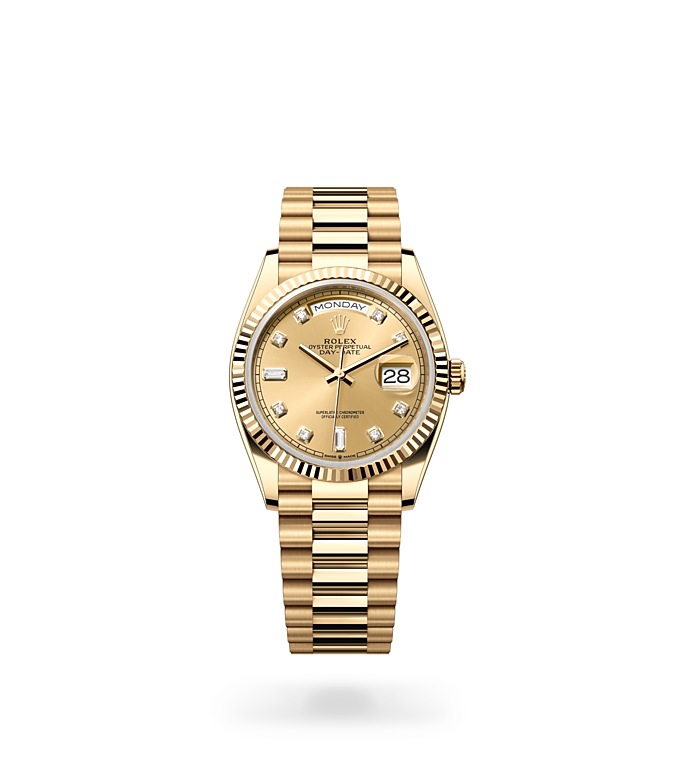 Rolex Day-Date | 128238 | Day-Date 36 | หน้าปัดสี | หน้าปัดสีแชมเปญ | ขอบหน้าปัดแบบร่อง | ทองคำ 18 กะรัต | M128238-0008 | ชาย Watch | Rolex Official Retailer - Srichai Watch