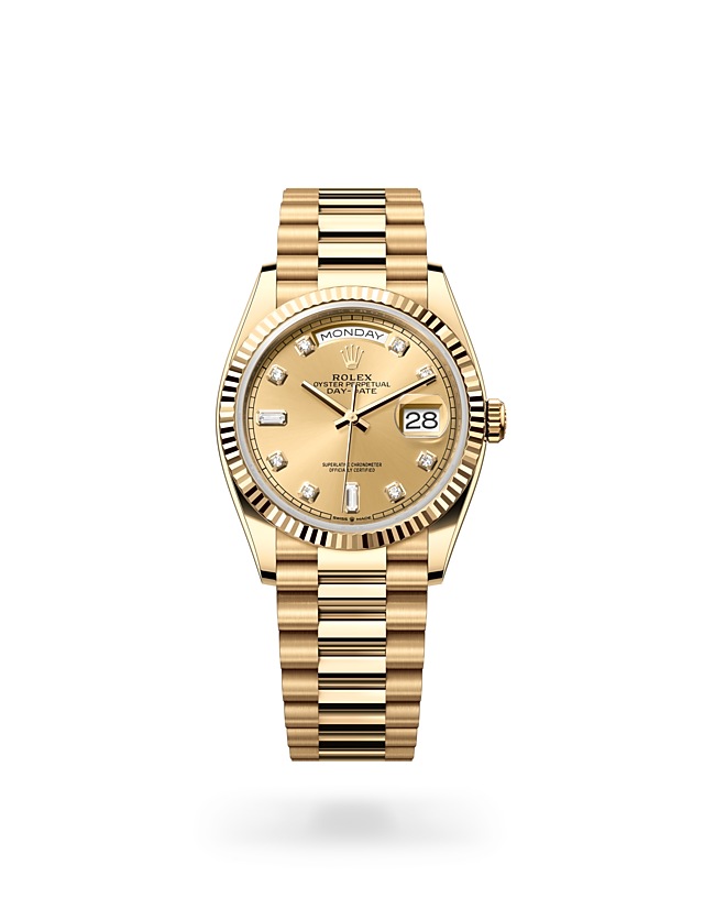 Rolex Day-Date | 128238 | Day-Date 36 | Coloured dial | Champagne-colour dial | Fluted bezel | 18 ct yellow gold | M128238-0008 | Men Watch | Rolex Official Retailer - Srichai Watch