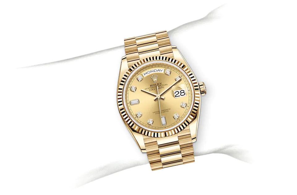 Rolex Day-Date | 128238 | Day-Date 36 | Coloured dial | Champagne-colour dial | Fluted bezel | 18 ct yellow gold | M128238-0008 | Men Watch | Rolex Official Retailer - Srichai Watch