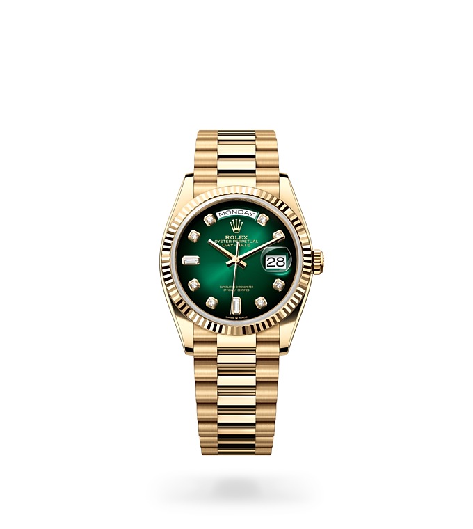 Rolex Day-Date | 128238 | Day-Date 36 | หน้าปัดสี | หน้าปัดสีเขียวออมเบร | ขอบหน้าปัดแบบร่อง | ทองคำ 18 กะรัต | M128238-0069 | ชาย Watch | Rolex Official Retailer - Srichai Watch