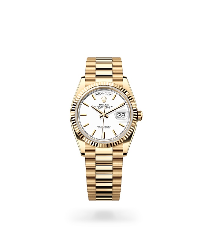 Rolex Day-Date | 128238 | Day-Date 36 | Light dial | Fluted bezel | White dial | 18 ct yellow gold | M128238-0081 | Men Watch | Rolex Official Retailer - Srichai Watch