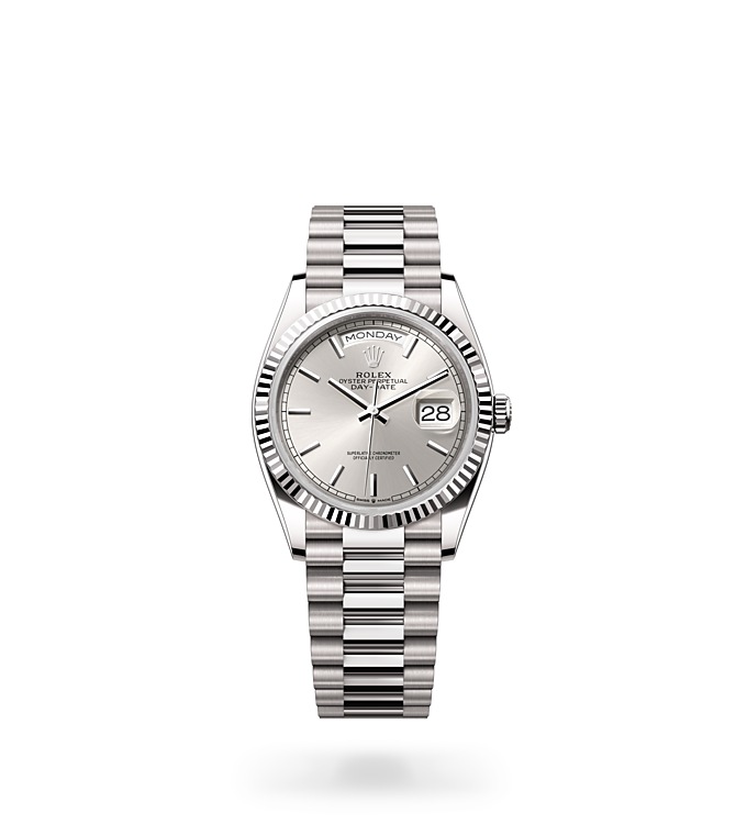 Rolex Day-Date | 128239 | Day-Date 36 | Light dial | Fluted bezel | Silver dial | 18 ct white gold | M128239-0005 | Men Watch | Rolex Official Retailer - Srichai Watch