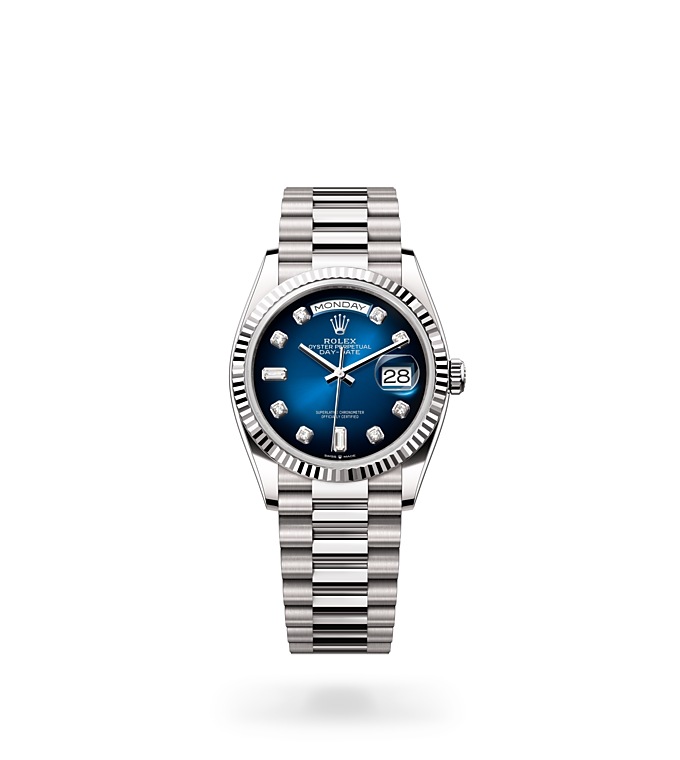 Rolex Day-Date | 128239 | Day-Date 36 | หน้าปัดสี | หน้าปัดสีน้ำเงินออมเบร | ขอบหน้าปัดแบบร่อง | ทองคำขาว 18 กะรัต | M128239-0023 | ชาย Watch | Rolex Official Retailer - Srichai Watch