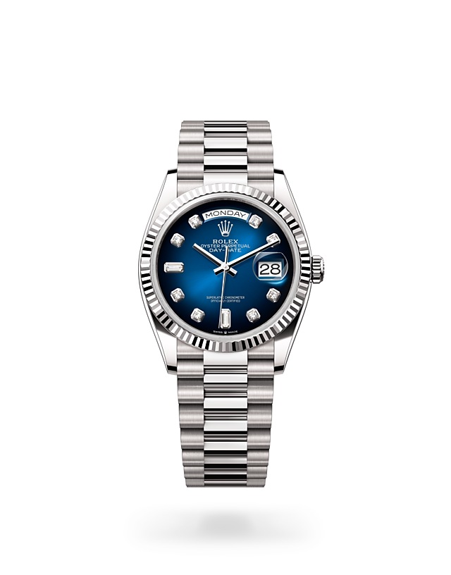 Rolex Day-Date | 128239 | Day-Date 36 | Coloured dial | Blue ombré dial | Fluted bezel | 18 ct white gold | M128239-0023 | Men Watch | Rolex Official Retailer - Srichai Watch