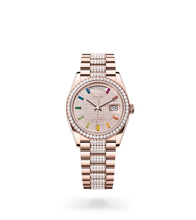 Rolex Day-Date | 128345RBR | Day-Date 36 | Gem-set dial | Diamond-Paved Dial | Diamond-set bezel | 18 ct Everose gold | M128345RBR-0043 | Women Watch | Rolex Official Retailer - Srichai Watch