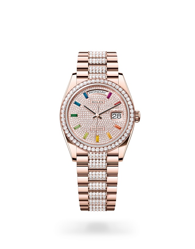 Rolex Day-Date | 128345RBR | Day-Date 36 | Gem-set dial | Diamond-Paved Dial | Diamond-set bezel | 18 ct Everose gold | M128345RBR-0043 | Women Watch | Rolex Official Retailer - Srichai Watch