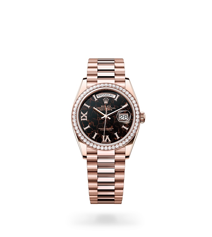 Rolex Day-Date | 128345RBR | Day-Date 36 | Dark dial | Eisenkiesel dial | Diamond-set bezel | 18 ct Everose gold | M128345RBR-0044 | Women Watch | Rolex Official Retailer - Srichai Watch
