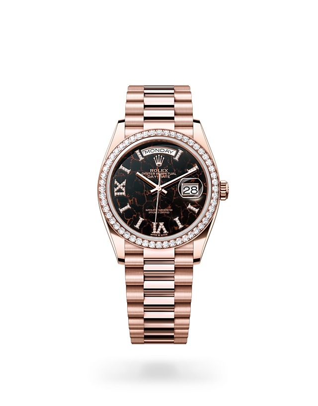 Rolex Day-Date | 128345RBR | Day-Date 36 | Dark dial | Eisenkiesel dial | Diamond-set bezel | 18 ct Everose gold | M128345RBR-0044 | Women Watch | Rolex Official Retailer - Srichai Watch