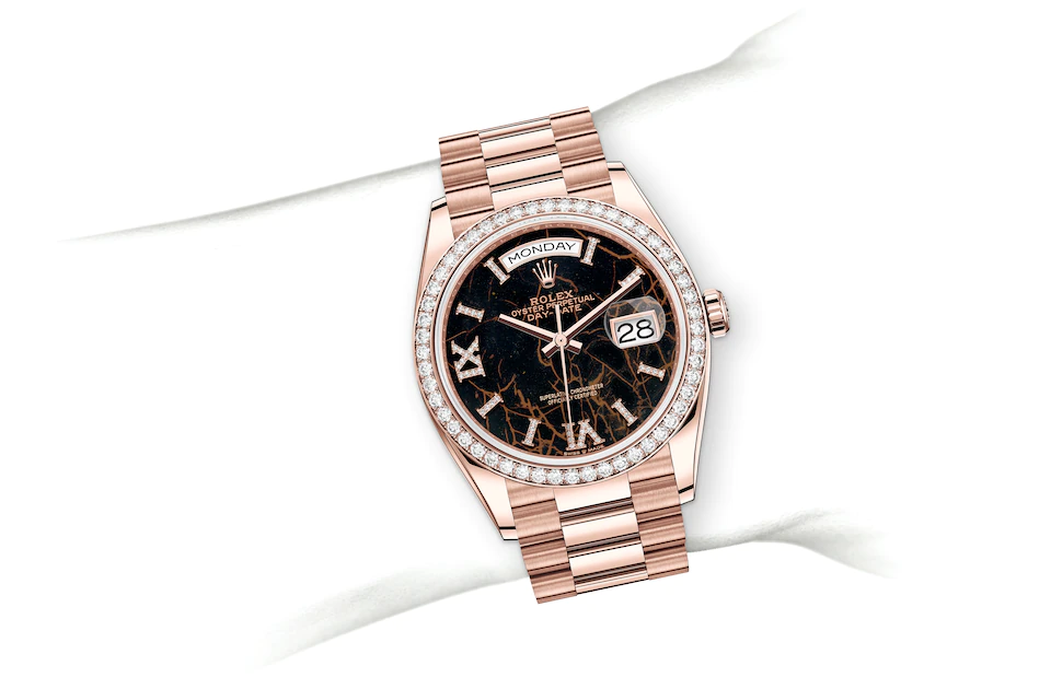 Rolex Day-Date | 128345RBR | Day-Date 36 | หน้าปัดสีเข้ม | หน้าปัด Eisenkiesel | ขอบหน้าปัดประดับเพชร | Everose gold 18 กะรัต | M128345RBR-0044 | หญิง Watch | Rolex Official Retailer - Srichai Watch