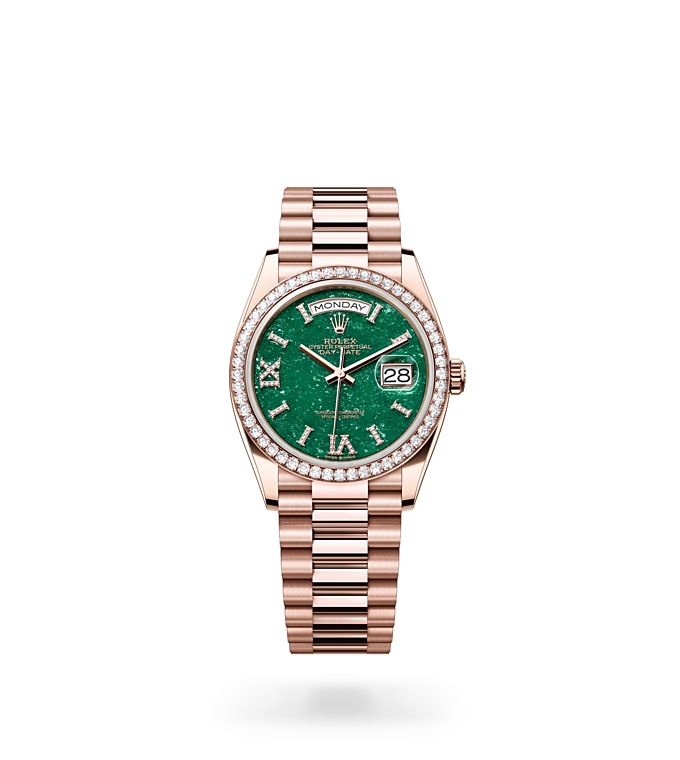 Rolex Day-Date | 128345RBR | Day-Date 36 | หน้าปัดประดับอัญมณี | หน้าปัดอเวนจูรีนสีเขียว | ขอบหน้าปัดประดับเพชร | Everose gold 18 กะรัต | M128345RBR-0068 | หญิง Watch | Rolex Official Retailer - Srichai Watch
