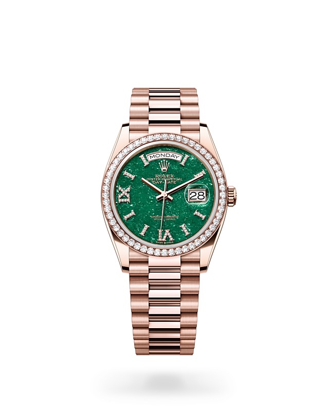 Rolex Day-Date | 128345RBR | Day-Date 36 | Coloured dial | Green aventurine dial | Diamond-set bezel | 18 ct Everose gold | M128345RBR-0068 | Women Watch | Rolex Official Retailer - Srichai Watch