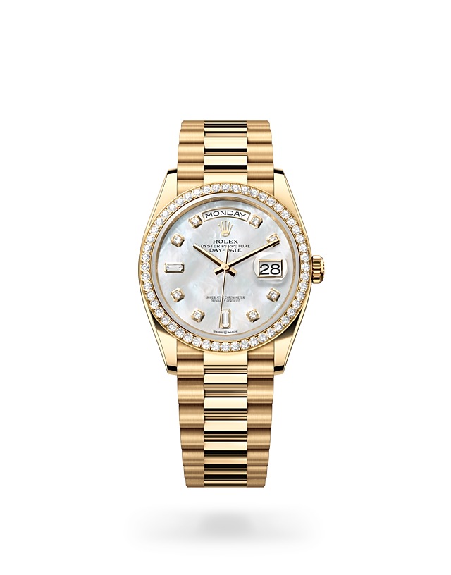 Rolex Day-Date | 128348RBR | Day-Date 36 | Light dial | Mother-of-Pearl Dial | Diamond-set bezel | 18 ct yellow gold | M128348RBR-0017 | Women Watch | Rolex Official Retailer - Srichai Watch