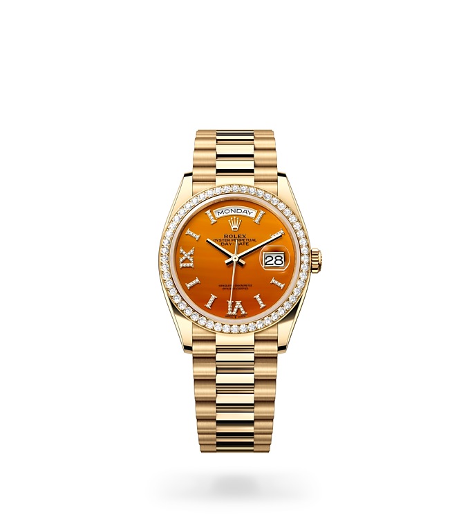 Rolex Day-Date | 128348RBR | Day-Date 36 | Coloured dial | Carnelian dial | Diamond-set bezel | 18 ct yellow gold | M128348RBR-0049 | Women Watch | Rolex Official Retailer - Srichai Watch