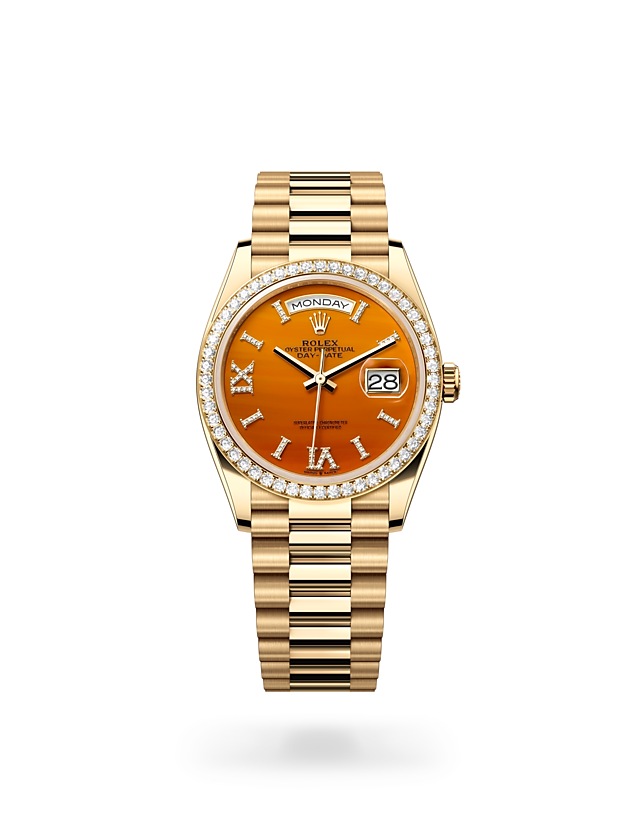 Rolex Day-Date | 128348RBR | Day-Date 36 | Gem-set dial | Carnelian dial | Diamond-set bezel | 18 ct yellow gold | M128348RBR-0049 | Women Watch | Rolex Official Retailer - Srichai Watch