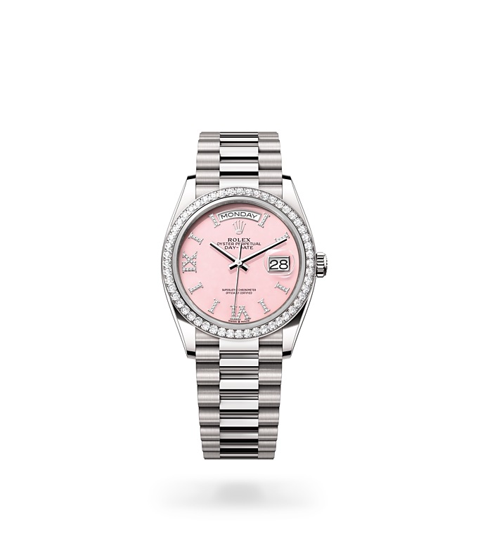 Rolex Day-Date | 128349RBR | Day-Date 36 | Coloured dial | Pink opal dial | Diamond-set bezel | 18 ct white gold | M128349RBR-0008 | Women Watch | Rolex Official Retailer - Srichai Watch