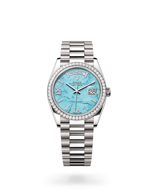 Rolex Day-Date | 128349RBR | Day-Date 36 | หน้าปัดสี | หน้าปัดสีเทอร์ควอยซ์ | ขอบหน้าปัดประดับเพชร | ทองคำขาว 18 กะรัต | M128349RBR-0031 | หญิง Watch | Rolex Official Retailer - Srichai Watch