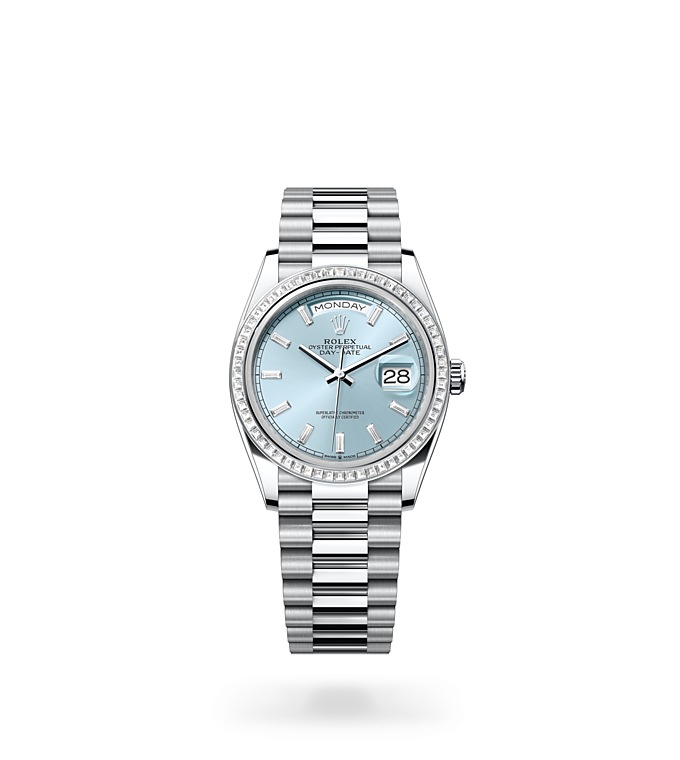 Rolex Day-Date | 128396TBR | Day-Date 36 | Coloured dial | Ice-Blue Dial | Diamond-set bezel | Platinum | M128396TBR-0003 | Women Watch | Rolex Official Retailer - Srichai Watch