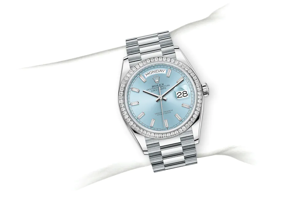 Rolex Day-Date | 128396TBR | Day-Date 36 | หน้าปัดสี | หน้าปัดสีฟ้าไอซ์บลู | ขอบหน้าปัดประดับเพชร | แพลทินัม | M128396TBR-0003 | หญิง Watch | Rolex Official Retailer - Srichai Watch
