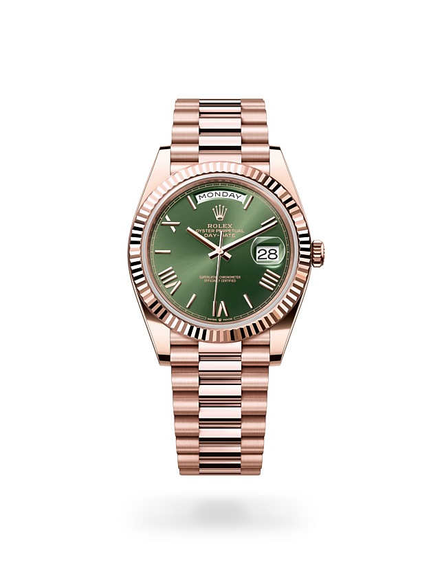 Rolex Day-Date | 228235 | Day-Date 40 | Coloured dial | Fluted bezel | Olive-Green Dial | 18 ct Everose gold | M228235-0025 | Men Watch | Rolex Official Retailer - Srichai Watch