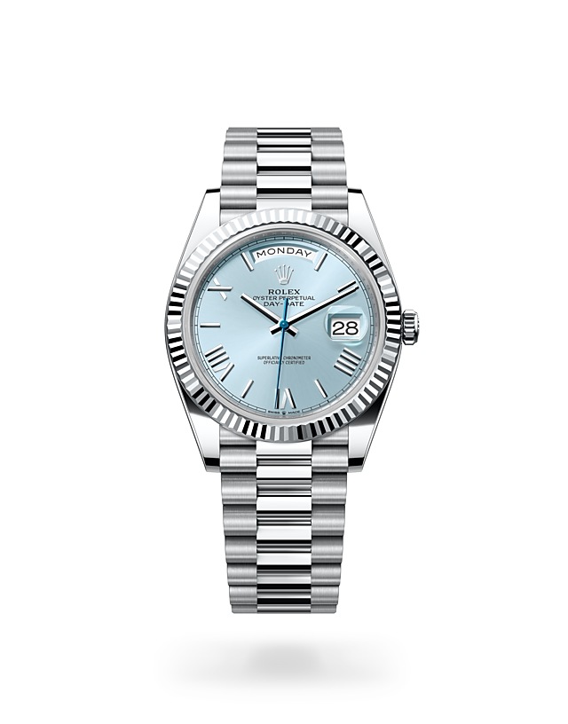 Rolex Day-Date | 228236 | Day-Date 40 | หน้าปัดสี | ขอบหน้าปัดแบบร่อง | หน้าปัดสีฟ้าไอซ์บลู | แพลทินัม | M228236-0012 | ชาย Watch | Rolex Official Retailer - Srichai Watch