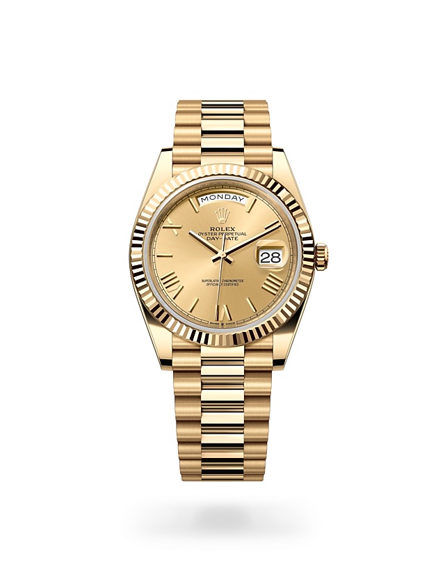 Rolex Day-Date | 228238 | Day-Date 40 | Coloured dial | Fluted bezel | Champagne-colour dial | 18 ct yellow gold | M228238-0006 | Men Watch | Rolex Official Retailer - Srichai Watch