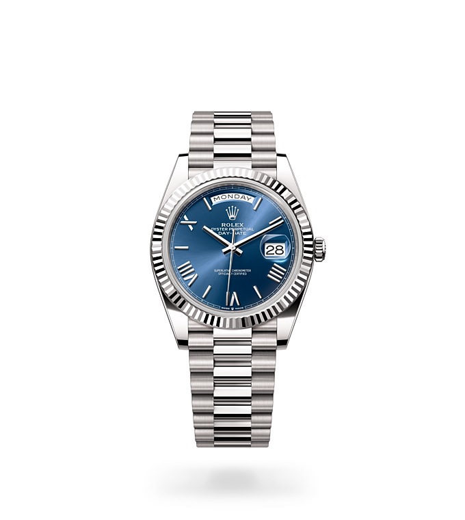 Rolex Day-Date | 228239 | Day-Date 40 | Coloured dial | Fluted bezel | Bright blue dial | 18 ct white gold | M228239-0007 | Men Watch | Rolex Official Retailer - Srichai Watch