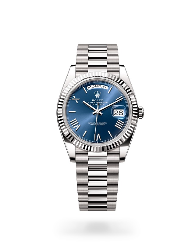 Rolex Day-Date | 228239 | Day-Date 40 | หน้าปัดสี | ขอบหน้าปัดแบบร่อง | หน้าปัดสีฟ้าสว่าง | ทองคำขาว 18 กะรัต | M228239-0007 | ชาย Watch | Rolex Official Retailer - Srichai Watch