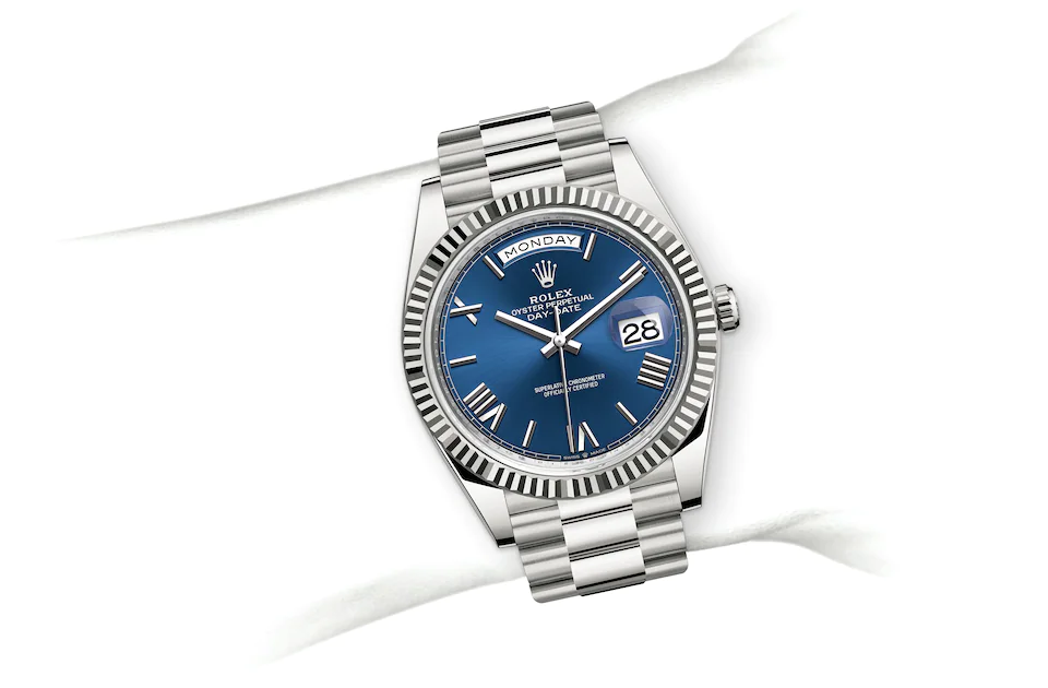 Rolex Day-Date | 228239 | Day-Date 40 | Coloured dial | Fluted bezel | Bright blue dial | 18 ct white gold | M228239-0007 | Men Watch | Rolex Official Retailer - Srichai Watch
