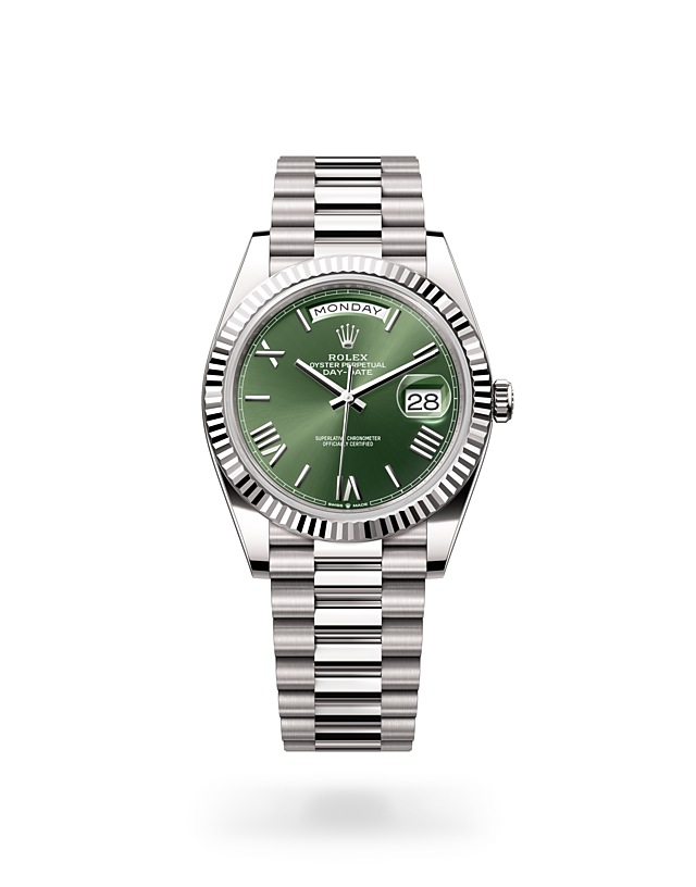 Rolex Day-Date | 228239 | Day-Date 40 | Coloured dial | Fluted bezel | Olive-Green Dial | 18 ct white gold | M228239-0033 | Men Watch | Rolex Official Retailer - Srichai Watch