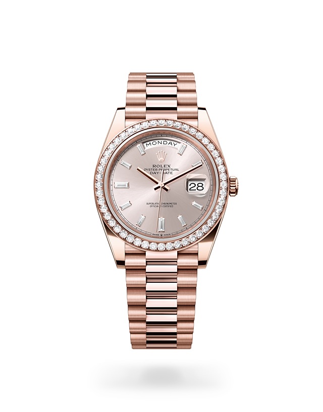 Rolex Day-Date | 228345RBR | Day-Date 40 | หน้าปัดประดับอัญมณี | หน้าปัดซันดัสต์ | ขอบหน้าปัดประดับเพชร | Everose gold 18 กะรัต | M228345RBR-0007 | ชาย Watch | Rolex Official Retailer - Srichai Watch