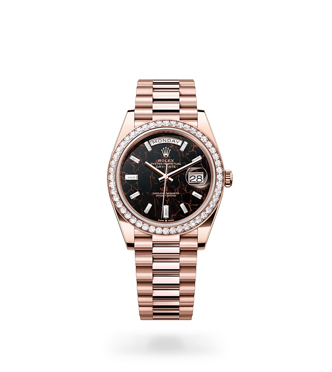 Rolex Day-Date | 228345RBR | Day-Date 40 | Dark dial | Eisenkiesel dial | Diamond-set bezel | 18 ct Everose gold | M228345RBR-0016 | Men Watch | Rolex Official Retailer - Srichai Watch