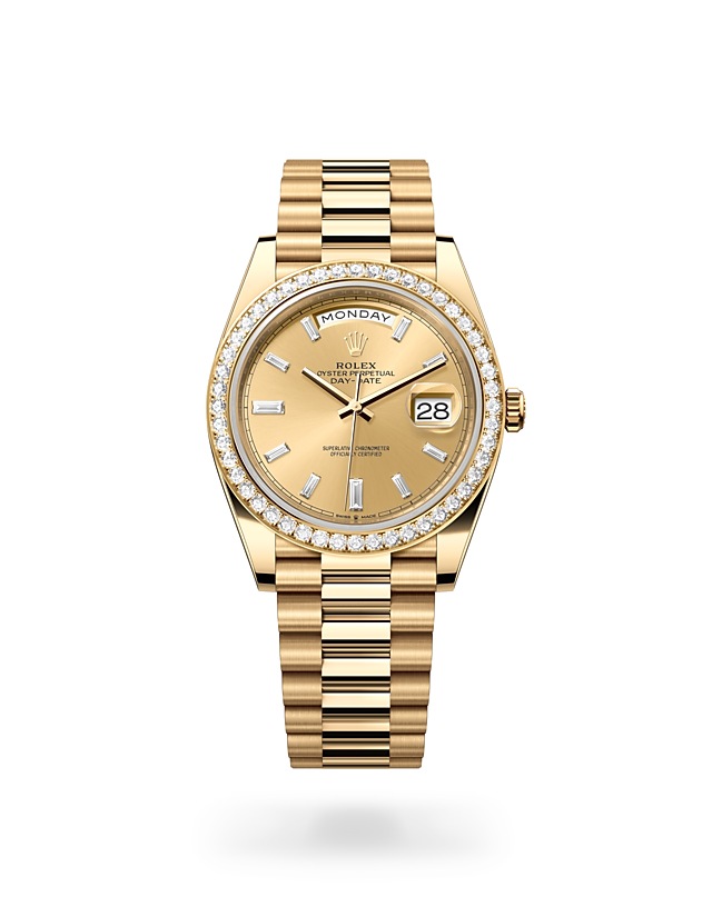 Rolex Day-Date | 228348RBR | Day-Date 40 | Coloured dial | Champagne-colour dial | Diamond-set bezel | 18 ct yellow gold | M228348RBR-0002 | Men Watch | Rolex Official Retailer - Srichai Watch
