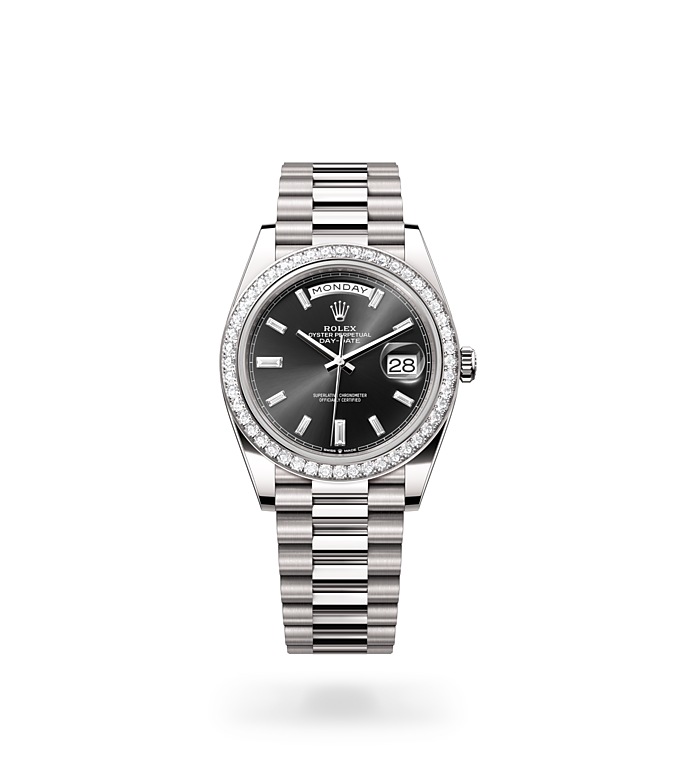 Rolex Day-Date | 228349RBR | Day-Date 40 | หน้าปัดสีเข้ม | หน้าปัดสีดำสว่าง | ขอบหน้าปัดประดับเพชร | ทองคำขาว 18 กะรัต | M228349RBR-0003 | ชาย Watch | Rolex Official Retailer - Srichai Watch
