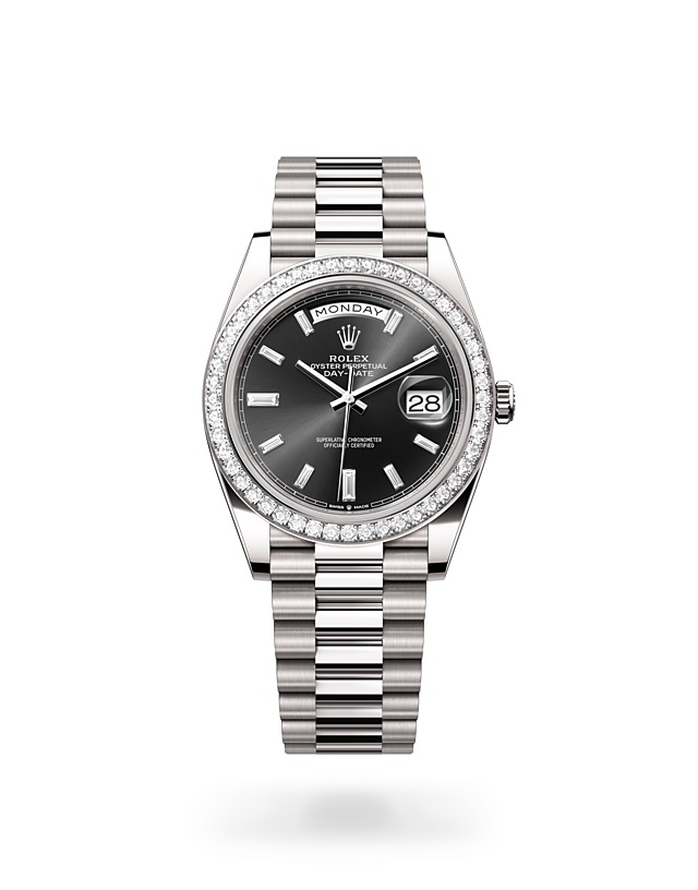 Rolex Day-Date | 228349RBR | Day-Date 40 | Dark dial | Bright black dial | Diamond-set bezel | 18 ct white gold | M228349RBR-0003 | Men Watch | Rolex Official Retailer - Srichai Watch