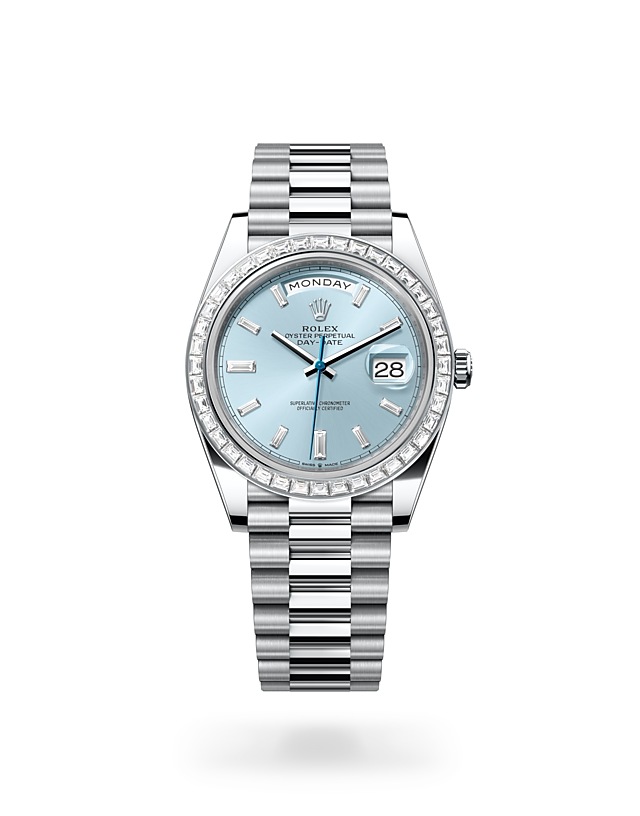 Rolex Day-Date | 228396TBR | Day-Date 40 | หน้าปัดสี | หน้าปัดสีฟ้าไอซ์บลู | ขอบหน้าปัดประดับเพชร | แพลทินัม | M228396TBR-0002 | ชาย Watch | Rolex Official Retailer - Srichai Watch